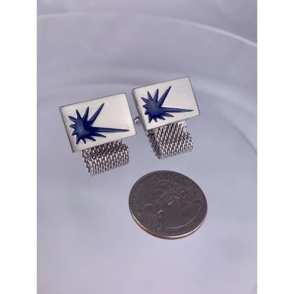 Abstract Comic Book Bubble Mesh Wrap Cufflinks Blue Silver Tone Hickok VTG O1